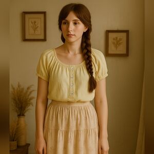 Butter Yellow Cottagecore Peasant Blouse | 100% Cotton Puff Sleeve Top M